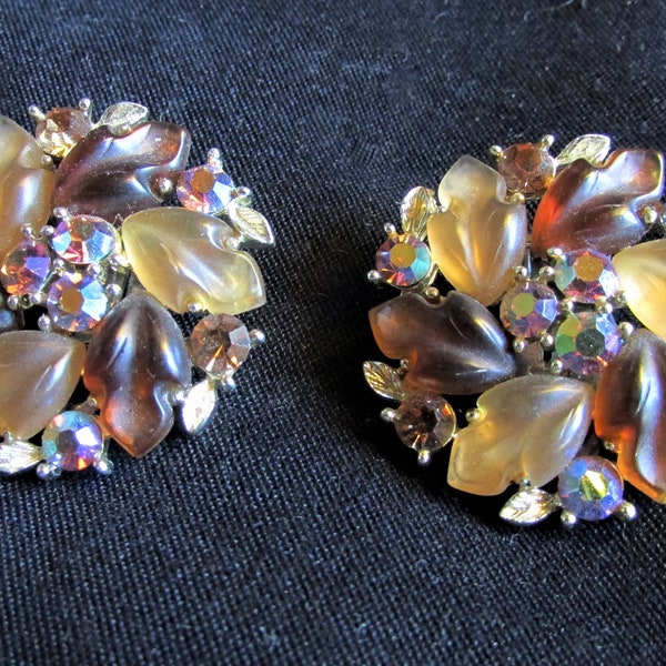Vintage 1960's Earrings Clip-on Lisner Amber Yellow n Brown Art Glass w AB Rhinestones Large Button Style **Scroll past reviews for details