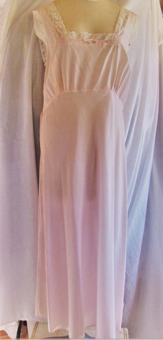 Vintage 1950's Nightgown Pink Silky Nylon w Ecru … - image 1