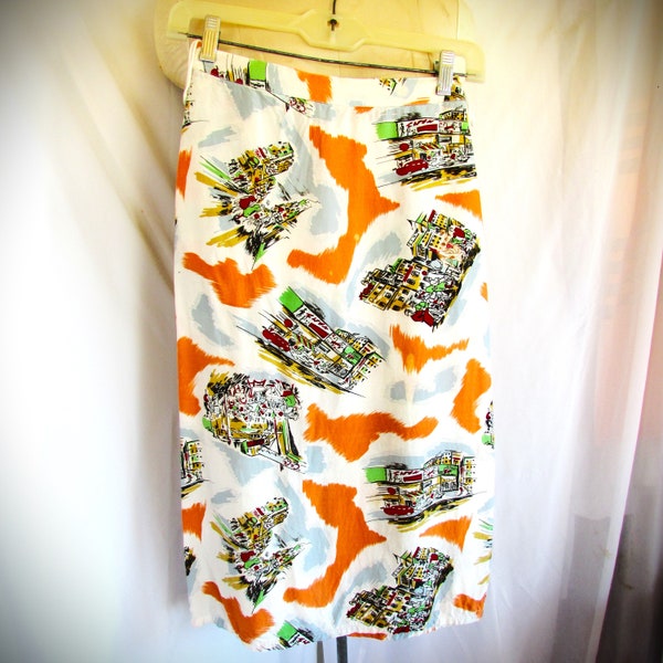 Vintage 1960's Skirt Straight Skirt Urban Novelty Cotton Blend in Orange White Green Blue & Black w City Scenes **Scroll down for details