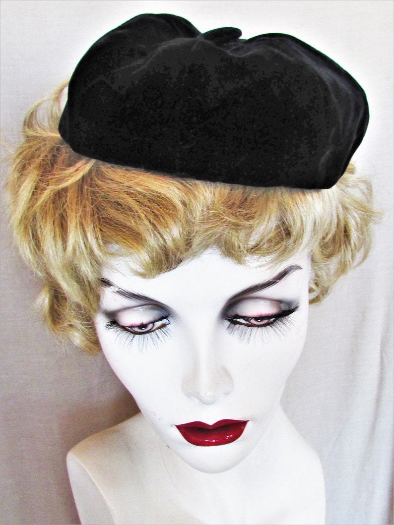 Vintage 1960's Hat Black Velvet Beret Lined in Brocade Button on Top Mid-Century Fashion Scroll down for details image 2