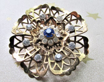Vintage 1940's 50's Brooch Coro Medallion Blue & Clear Rhinestone Prong Set Signed Costume Jewelry **Scroll down for details
