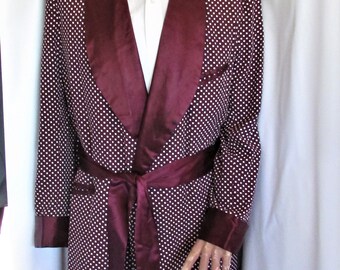 Men's Vintage Robe Maroon w White Polka Dots Silk Blend Satin Shawl Collar & Belt Fully Lined Slit Pockets Classic Men's Leisurewear