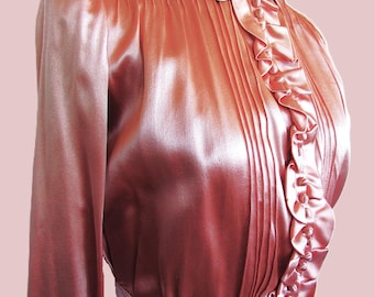 Chemisier ancien vintage 1910 satin de soie cuivre/rose nervures et volants **Faites défiler vers le bas pour plus de détails