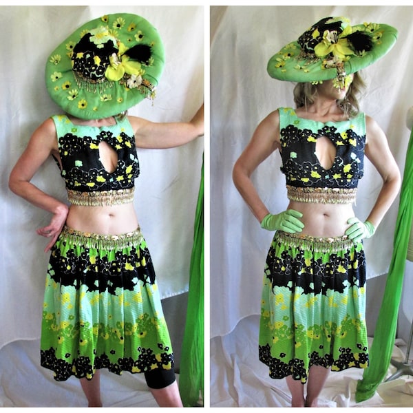 Vintage 1960's Reimagined Designer Fernanda Gattinoni Roma Green Costume Party Ensemble Bare Midriff Keyhole Top w Hat n Apron