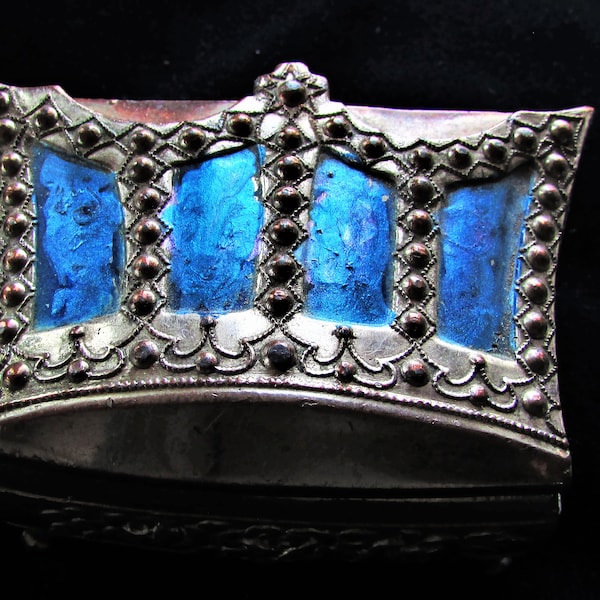 Vintage 1940's 50's Jewelry Box Crown Motif Silver Plate Cast Metal Trinket Box Occupied Japan Blue Enamel **Scroll down for details