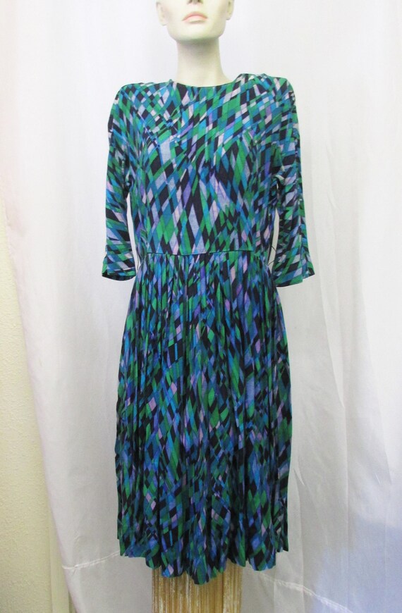 Vintage 1960's Dress Mod Green Blue & Purple Harl… - image 2