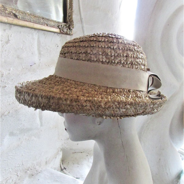 Vintage 1960's Hat Straw Wide Brim Fedora Bowler Sun Hat Beige Straw w 2 Tone Grosgrain Ribbon Hatband **Scroll down for details