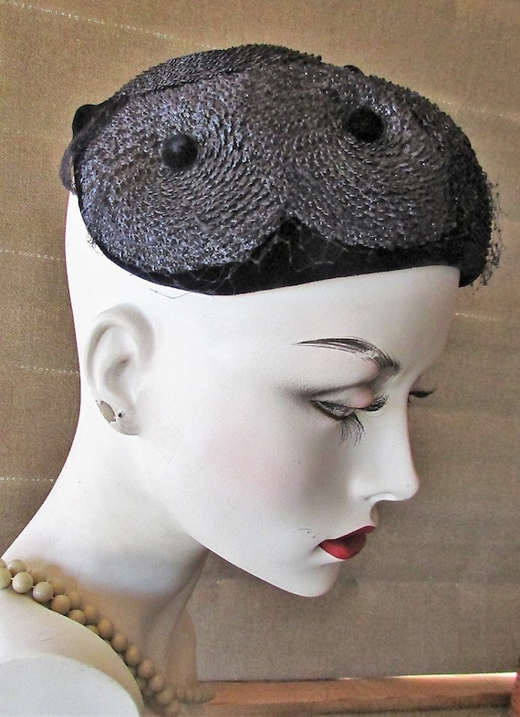 Vintage 1940's 50's Hat Dark Blue Velvet & Straw … - image 1