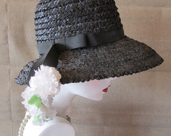 Vintage 1960's Hat Black Straw Hat Wide Brim w White Flower Sun Hat Church Hat Garden Party Hat **Scroll down for details