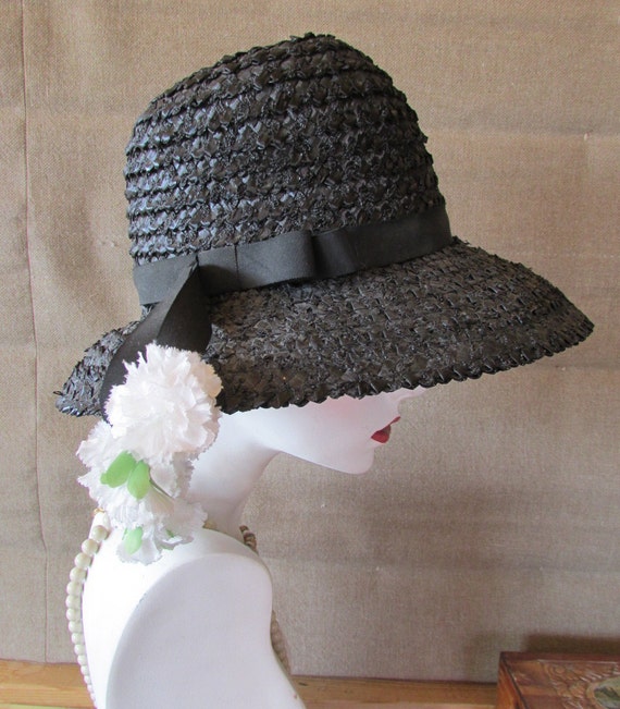 Vintage Woven Hat Black & White Vintage Black and White Straw Hat 1960s Mr. John Classic main image 4