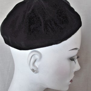 Vintage 1960's Hat Black Velvet Beret Lined in Brocade Button on Top Mid-Century Fashion Scroll down for details image 4