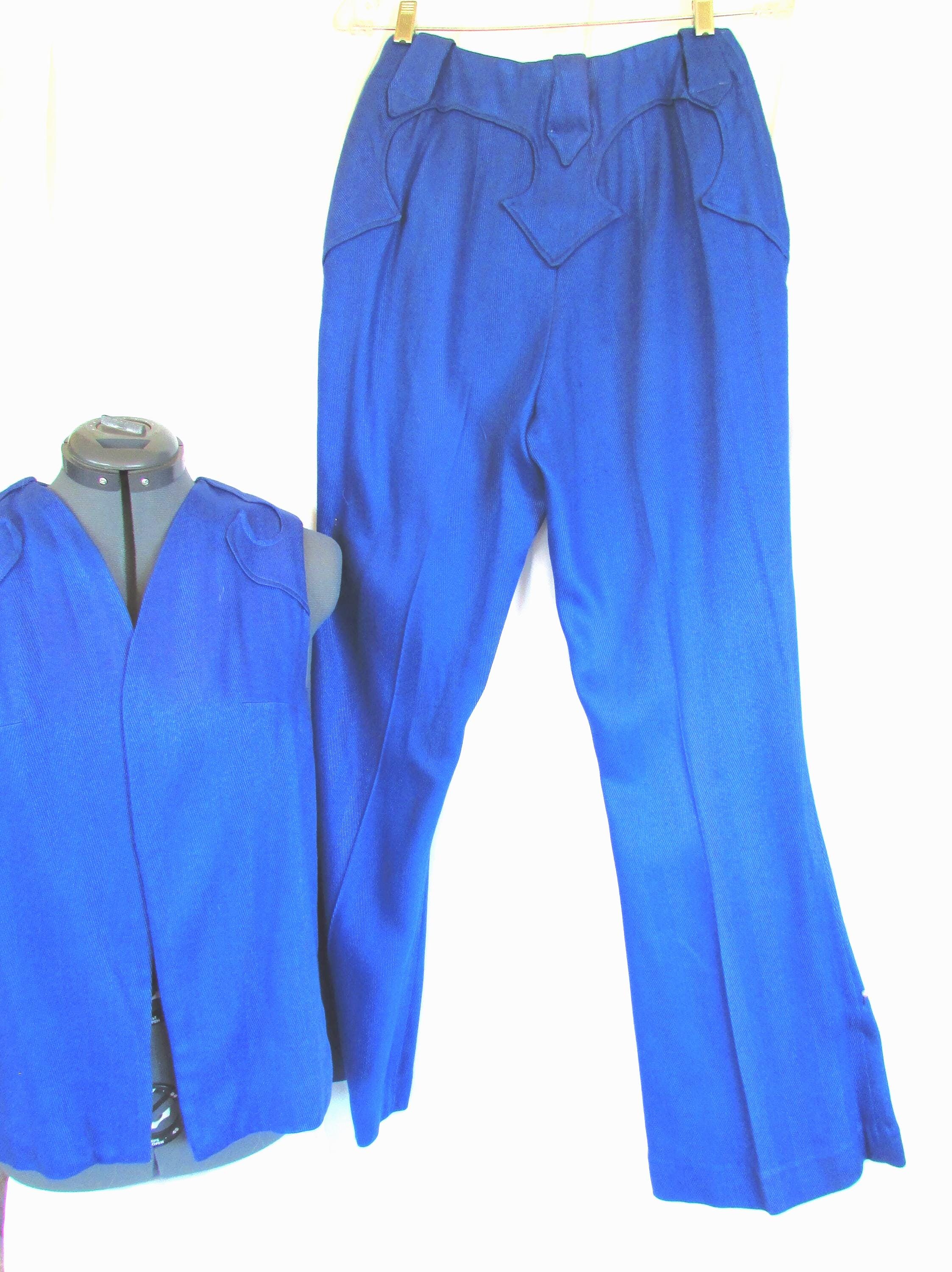 Vintage 1970's Pants & Vest Western Style Bellbottom Pants Ensemble Corded Cotton Royal Blue **Scroll down for details