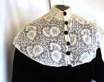 Vintage 1930's Lace Collar High Neck Victorian Style w Black Velvet Buttons **Scroll down for details