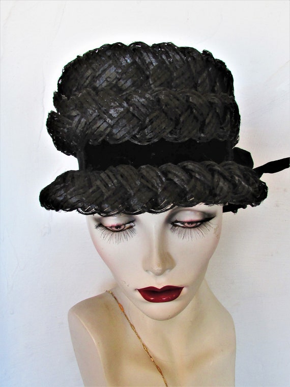 Vintage 1960's Hat Black Cellophane Straw Hat Sto… - image 4