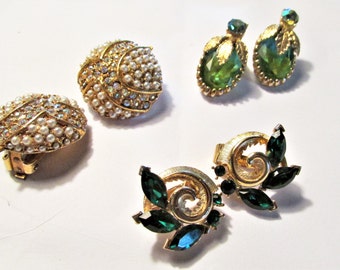 Vintage 1960's 70's Earrings Clip-On Lot of 3 Pairs Gold Tone w Green Rhinestones Seed Pearl & AB Rhinestone **Scroll down for details