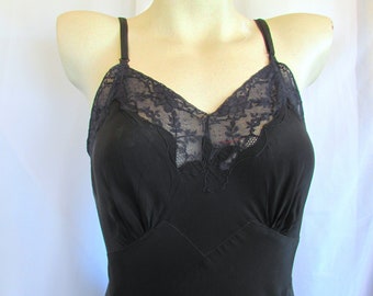 Vintage 1940's 50's Slip Black Rayon & Black Lace Full Slip Seamprufe Lingerie Label Size 34 **Scroll down for details