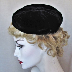 Vintage 1960's Hat Black Velvet Beret Lined in Brocade Button on Top Mid-Century Fashion Scroll down for details image 3