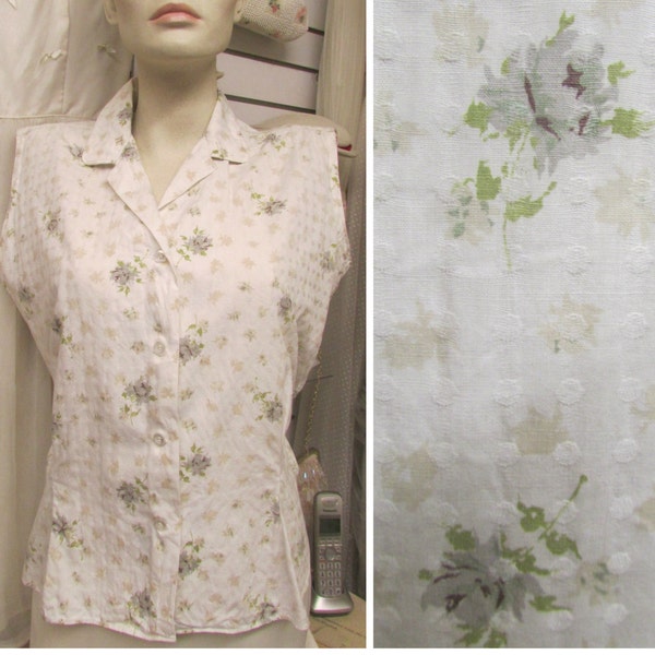 END of SUMMER SALE! Vintage 1950's Sleeveless Summer Shirt Cotton Button Down Top White & Beige Floral Print Gabey Size M/ L Blouse