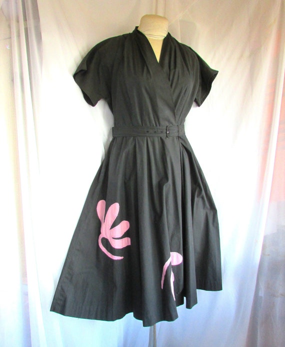 Vintage 1940's 50's Dress Cotton Wrap Dress Charc… - image 1