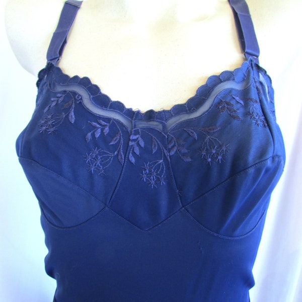 Vintage 1950's 60's Slip Navy Blue w Embroidery Nylon Retro Lingerie Laros Label Small Size**Scroll down for details