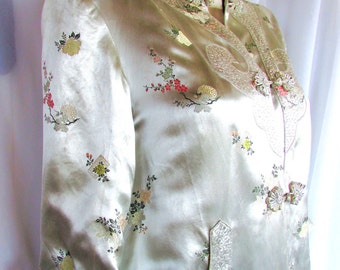 Vintage 1960's Evening Coat Chinese Silk Satin Robe Champagne Silver Sheen w Embroidery Formal Jacket **Scroll down for details