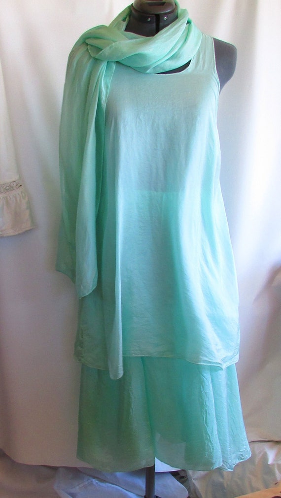 Vintage 1970's Dress Silk Sleeveless Sea Green Aqu