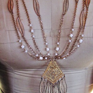 Vintage 1960's Necklace Long Beaded Signed Alice Caviness White Beads & Tassel Necklace Multi-Strand in Gold Tone n Filigree MOD image 2