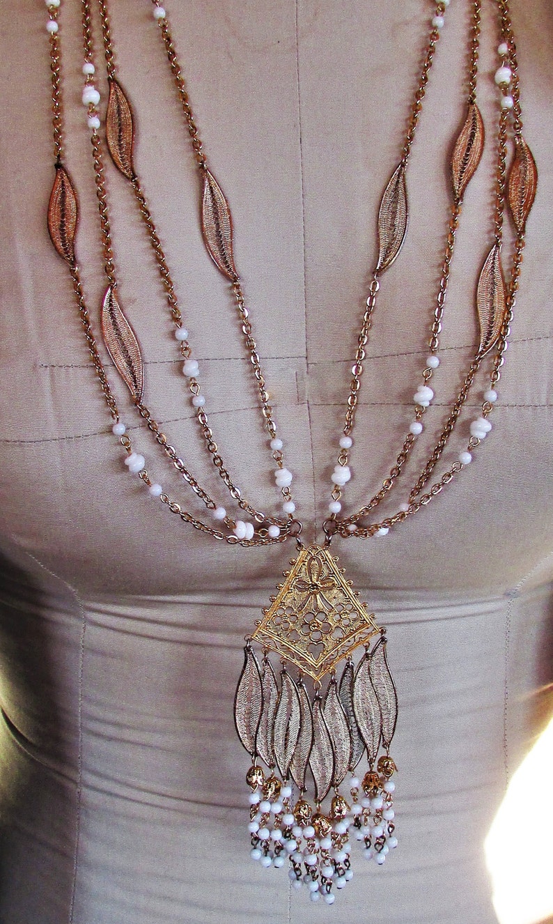 Vintage 1960's Necklace Long Beaded Signed Alice Caviness White Beads & Tassel Necklace Multi-Strand in Gold Tone n Filigree MOD image 2