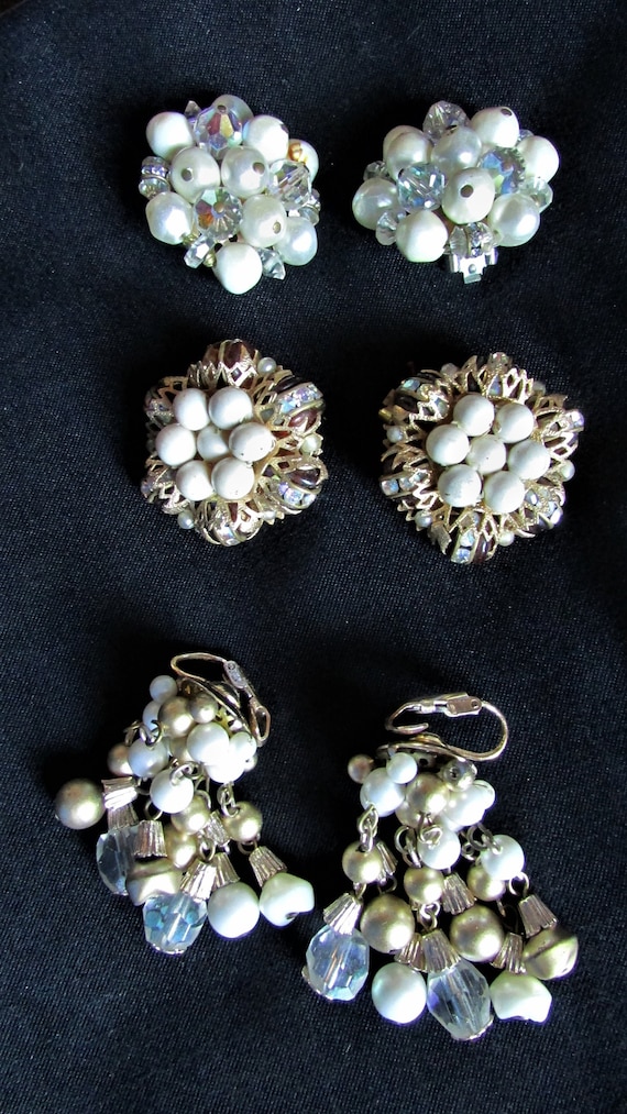Vintage 1950's Earrings Lot of 3 Pairs Clip On Whi