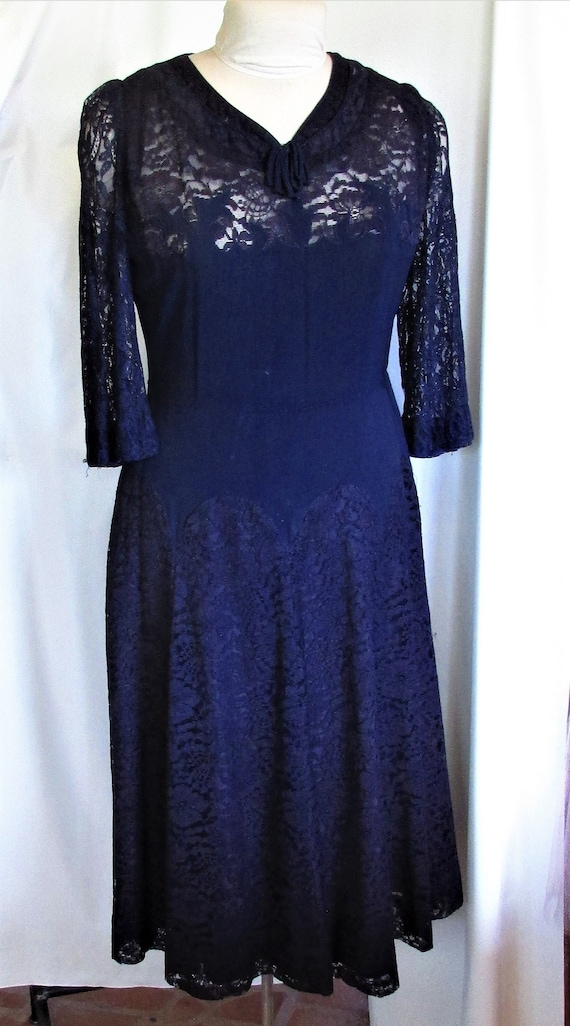 Vintage 1940's 50's Dress Blue Crepe w Lace WW2 Fa