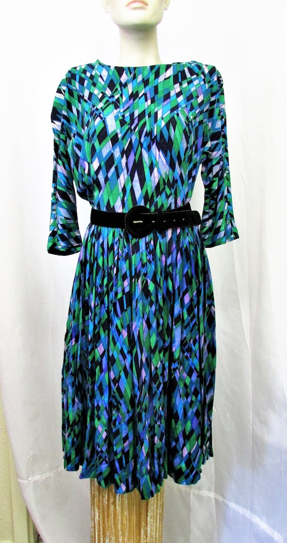 Vintage 1960's Dress Mod Green Blue & Purple Harl… - image 1