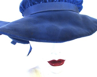 Vintage 1960's 70's Hat Blue Velvet Floppy Hat MOD Wide Brim Sun Hat **Scroll down for details