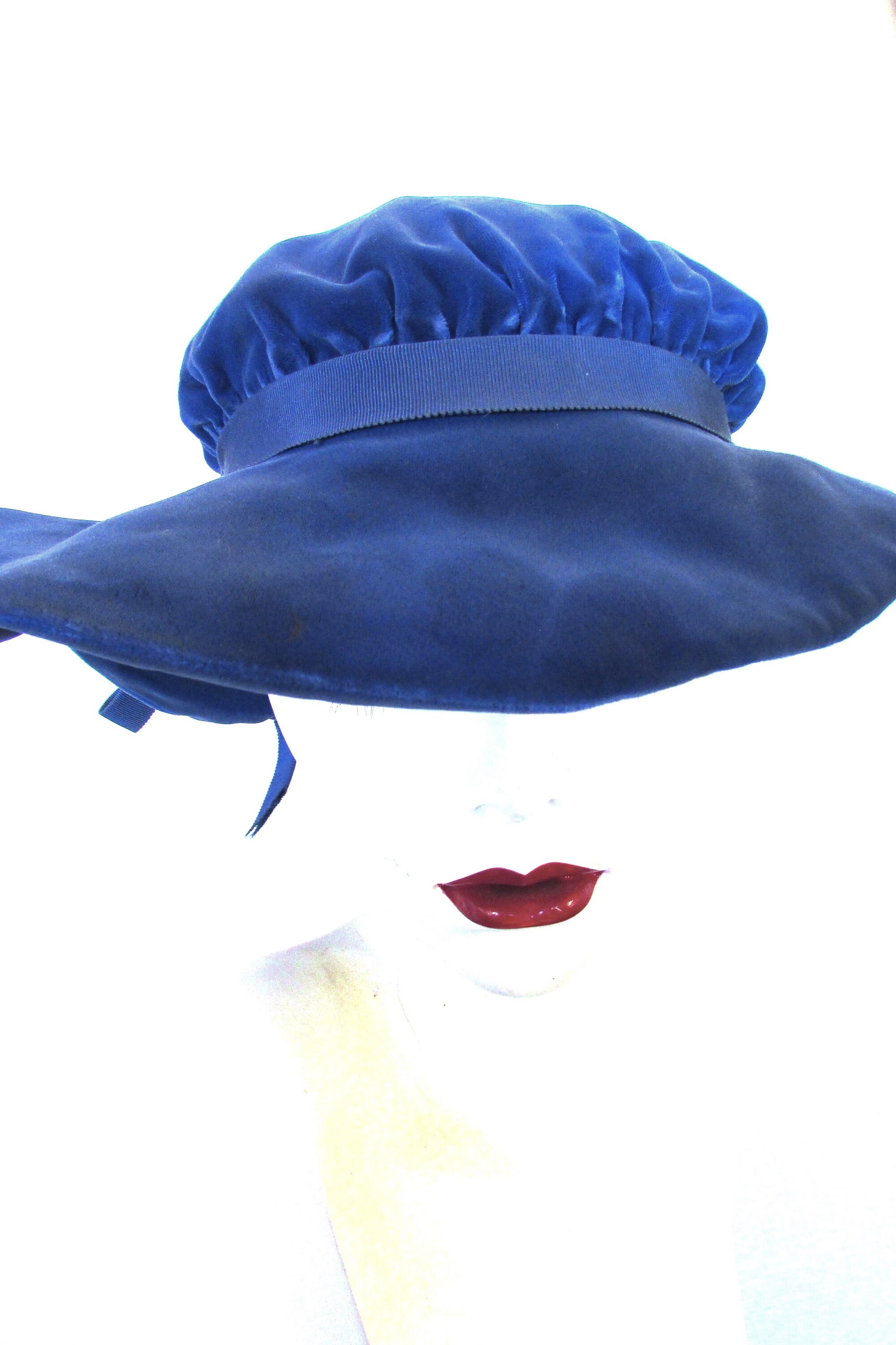 Vintage Bright Blue Velvet Hat with Floppy Brim Womens Wide Brim Hat in Warm Fleece with Velvet Hat Band  main image 2