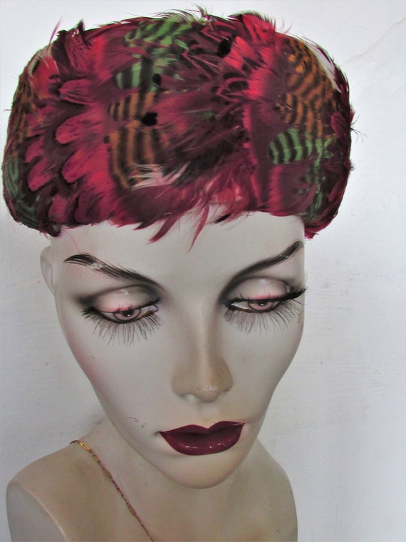 Vintage 1950's 60's Hat Feather Hat Multi-Colored… - image 2