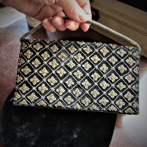 60/'s Evening Bag Vintage Black Clutch Envelope Purse with Attached Coin Purse