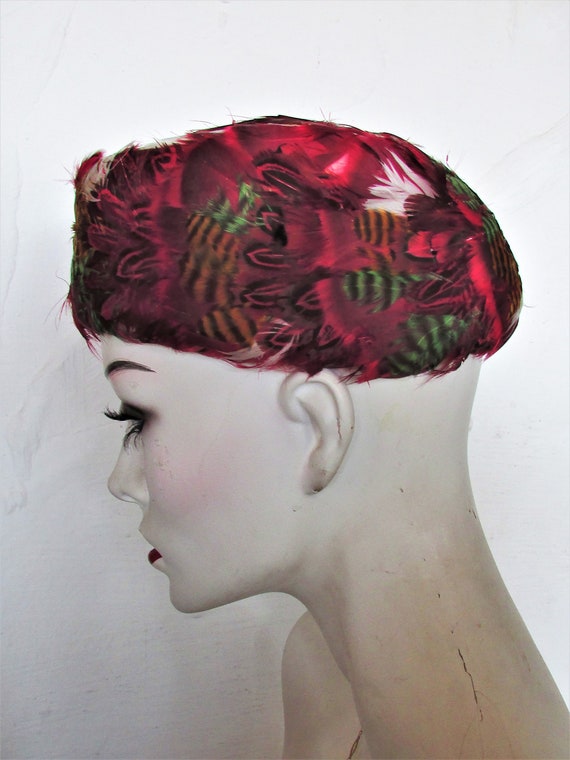 Vintage 1950's 60's Hat Feather Hat Multi-Colored… - image 1