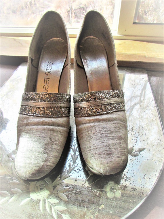 Vintage 1960 s Shoes Silver Pumps Square Toe Glitter Heels Dress