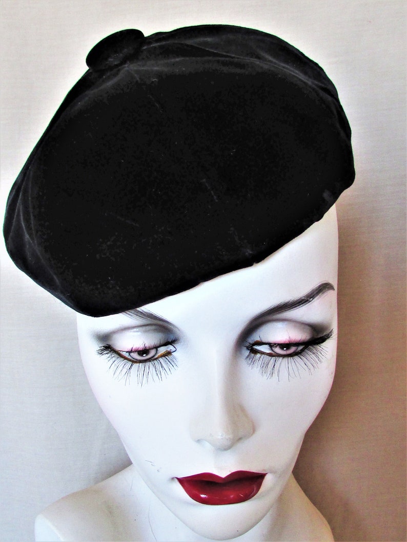 Vintage 1960's Hat Black Velvet Beret Lined in Brocade Button on Top Mid-Century Fashion Scroll down for details image 1