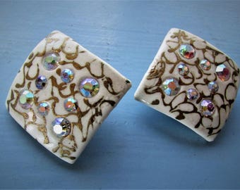 Vintage 1950's 1960's Earrings Clips White Lucite w AB Rhinestones Square Earrings w Hand Painted Gold Squiggles **Scroll down for details