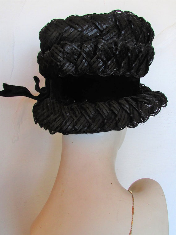 Vintage 1960's Hat Black Cellophane Straw Hat Sto… - image 3