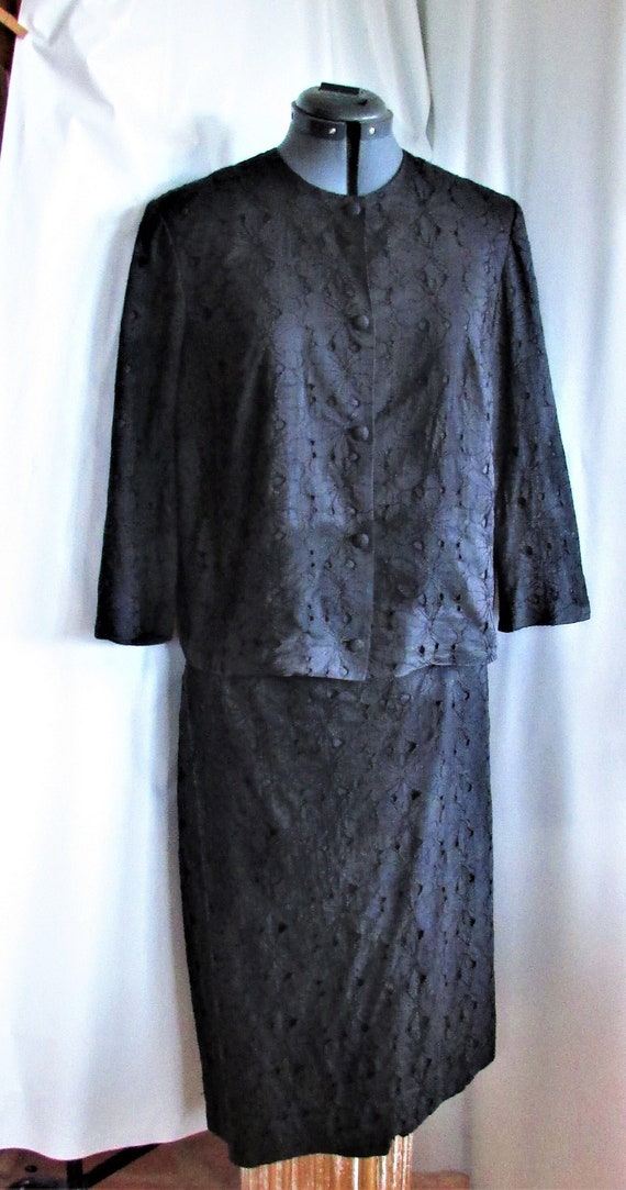 Vintage 1960's Suit Black Cotton Cut-Out Jewel Col