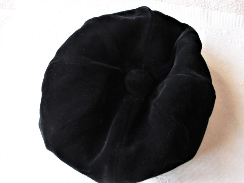 Vintage 1960's Hat Black Velvet Beret Lined in Brocade Button on Top Mid-Century Fashion Scroll down for details image 5