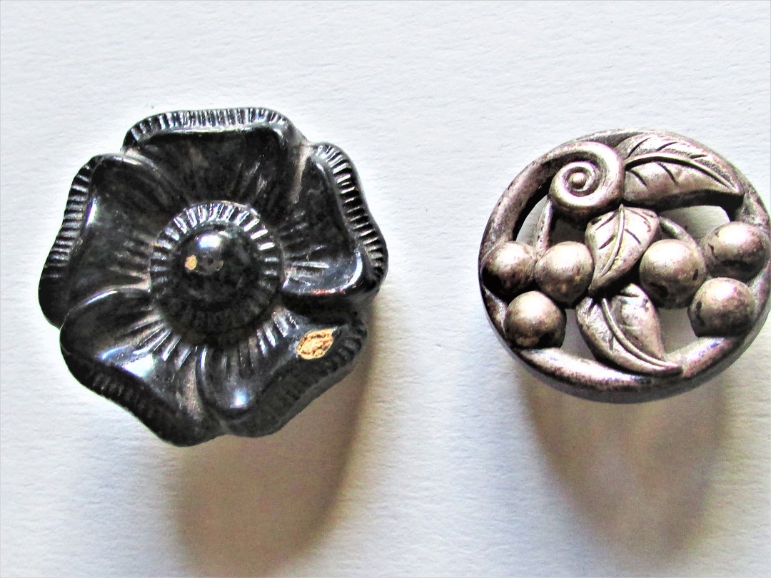 Antique Buttons Gutta Percha Black Button Stamped ANN & Gun Etsy