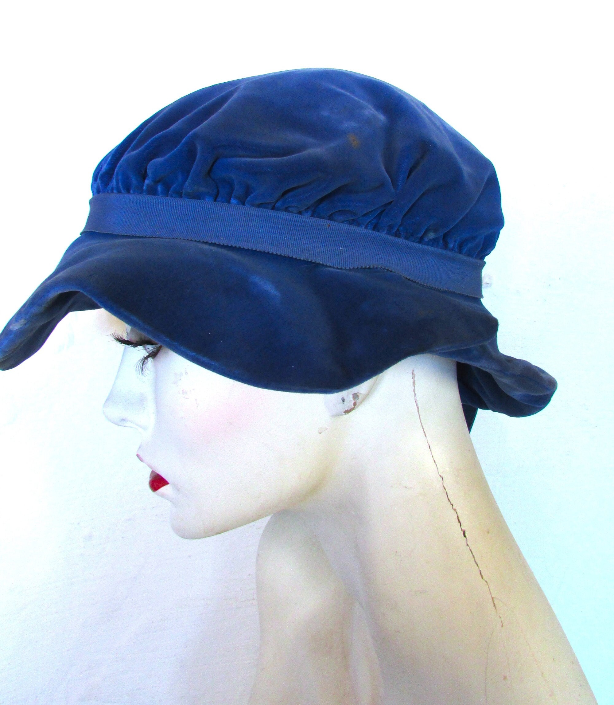 Vintage Bright Blue Velvet Hat with Floppy Brim Womens Wide Brim Hat in Warm Fleece with Velvet Hat Band  main image 4
