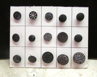 Vintage 1900's Buttons Lot of 15 Antique Victorian Black Glass Buttons Waistcoat Dress & Garment **Scroll down for details
