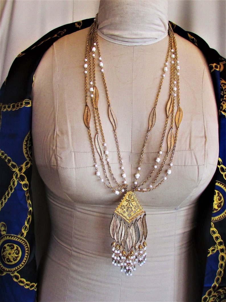 Vintage 1960's Necklace Long Beaded Signed Alice Caviness White Beads & Tassel Necklace Multi-Strand in Gold Tone n Filigree MOD image 1