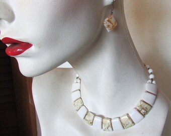 Vintage 1960's 70's Necklace & Earrings White Glass Choker w Gold Veins in Necklace Lucite Pierced Dangle Earrings **Scroll down for details