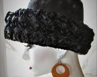 Vintage 1960's Hat Black Cellophane & Natural Straw Hat Wide Brim Jami Exclusive Label Mid Century Fashion **Scroll down for details