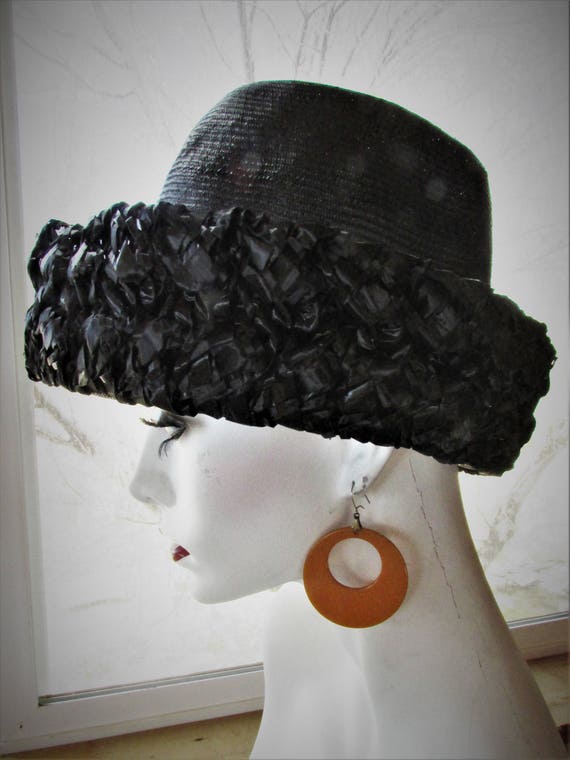 Vintage 1960's Hat Black Cellophane & Natural Str… - image 1