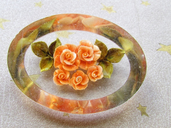 Vintage 1950's 60's Brooch Lucite Oval Pin w Oran… - image 1